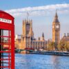 London symbols with BIG BEN, DOUBLE DECKER BUSES and Red Phone Booth in England, UK